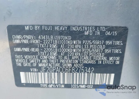 2015 Subaru Xv Crosstrek 2.0I Premium z USA, uszkodzony, nr VIN JF2GPACC6F8275342